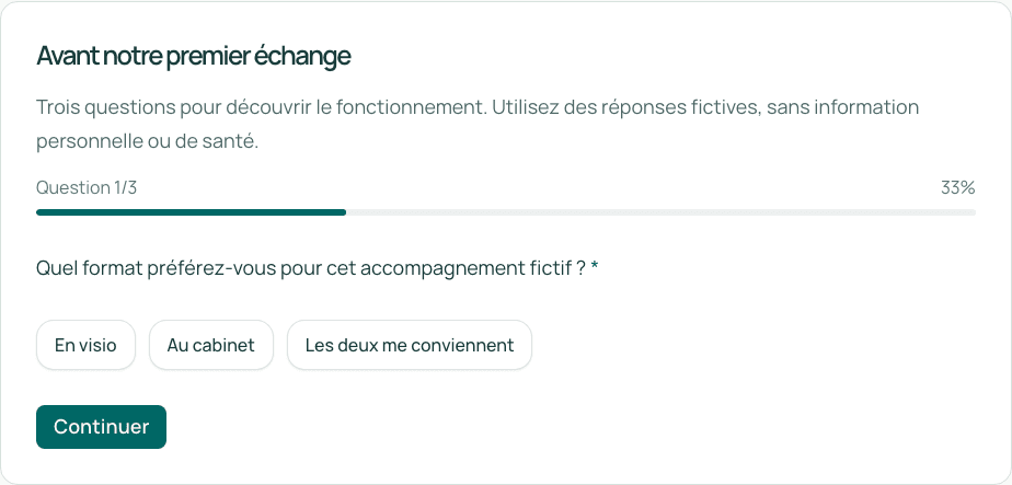 Parcours fictif de questionnaire Bievra. Les questions, les types de réponse et les formulations sont à adapter à votre pratique non médicale.